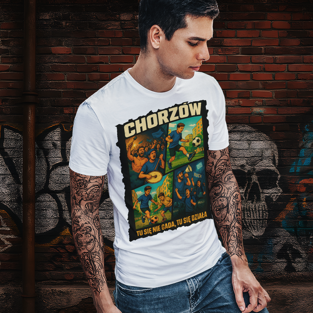 CHORZÓW — Tu się nie gada, tu się działa | Gildan 64000, koszulka biała
