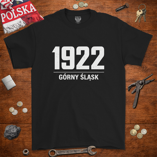 Czarna męska koszulka Gildan 2000 z białym napisem 1922 Górny Śląsk w stylu industrialnym.