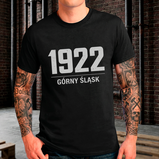 Czarna męska koszulka Gildan 2000 z białym napisem 1922 Górny Śląsk w stylu industrialnym.