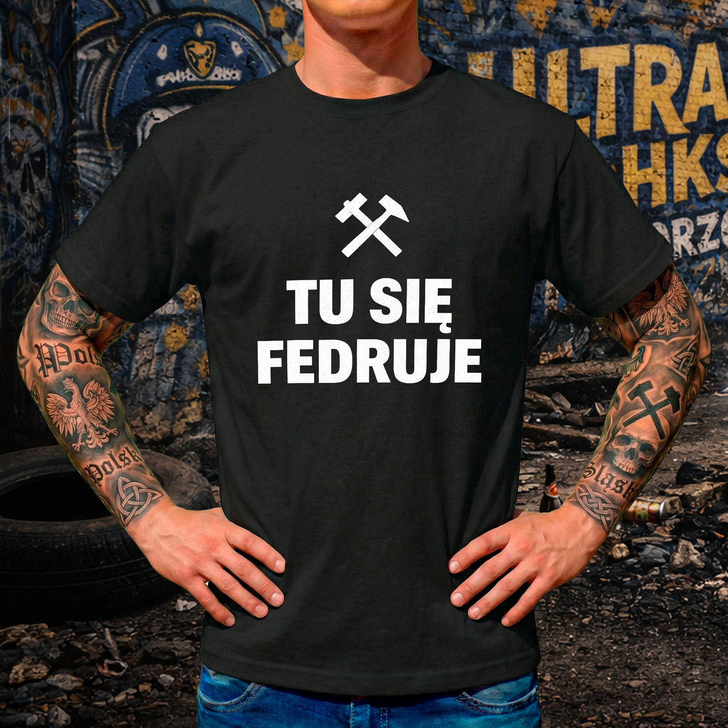 Czarna koszulka z białym napisem TU SIĘ FEDRUJE, symbolem górniczym i grafiką stalowej płyty z nitami.