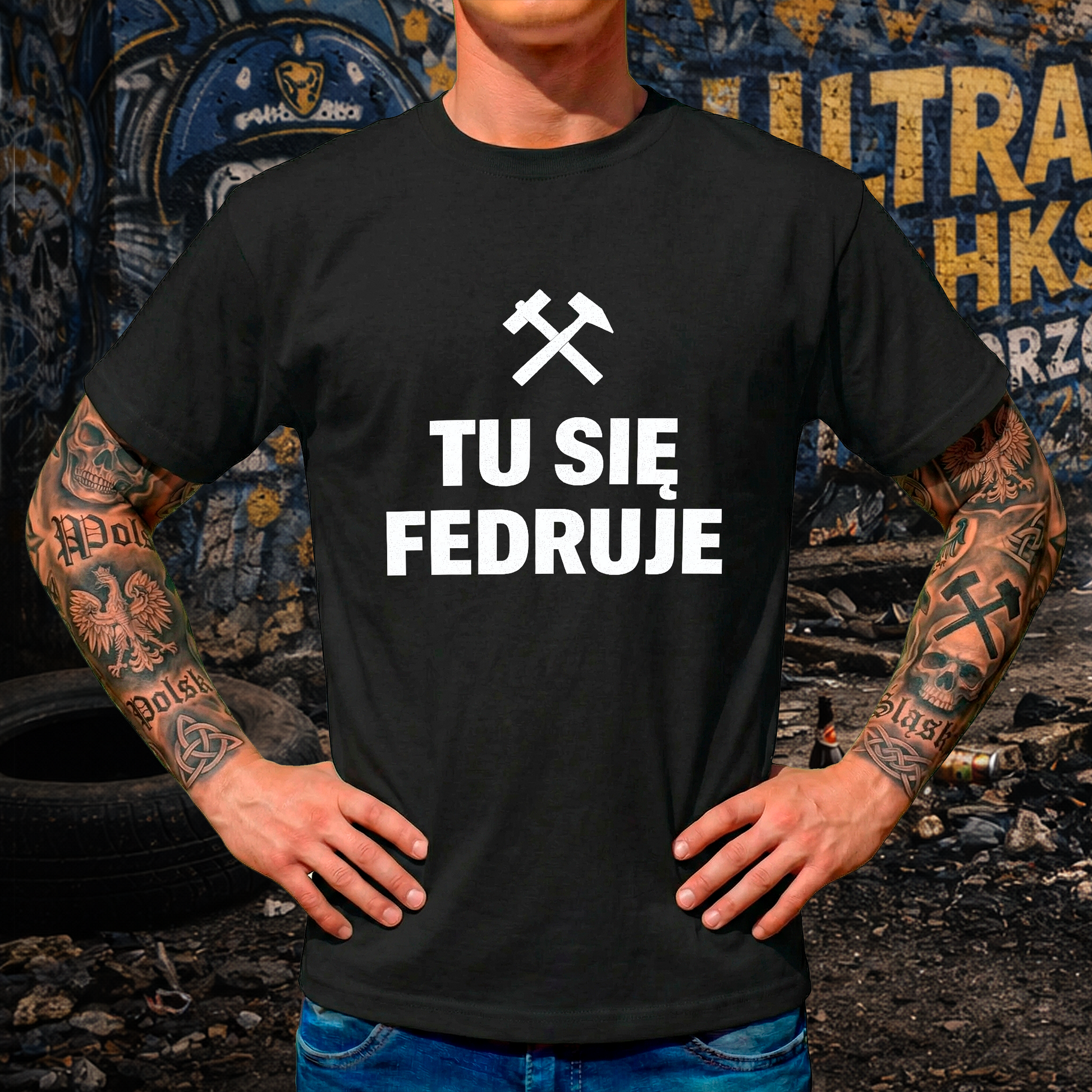 Czarna koszulka z białym napisem TU SIĘ FEDRUJE, symbolem górniczym i grafiką stalowej płyty z nitami.